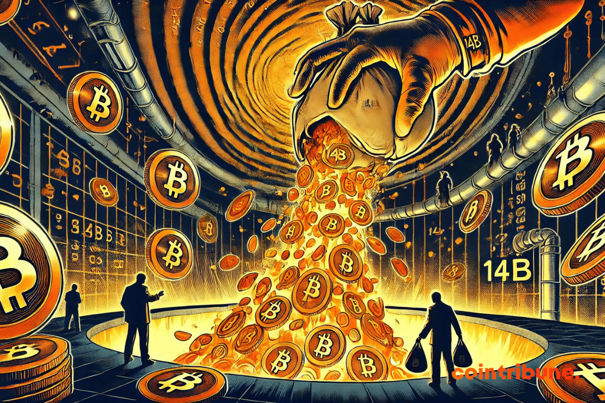Uma mão gigante com luvas derrama uma cascata de Bitcoins de uma bolsa marcada com “14B”.