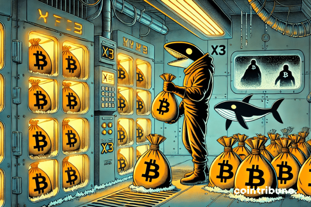 Uma baleia humanoide encapuzada transfere sacos inteiros de Bitcoin para uma câmara fria de criptografia.