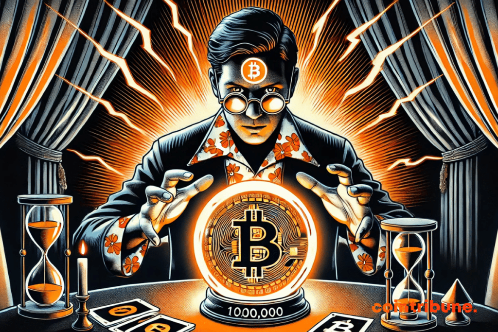 Uma bola de cristal suspensa acima da mesa. Dentro dela: um enorme Bitcoin laranja flutuando, com “1.000.000” luminoso gravado. A energia parece emanar diretamente da esfera.