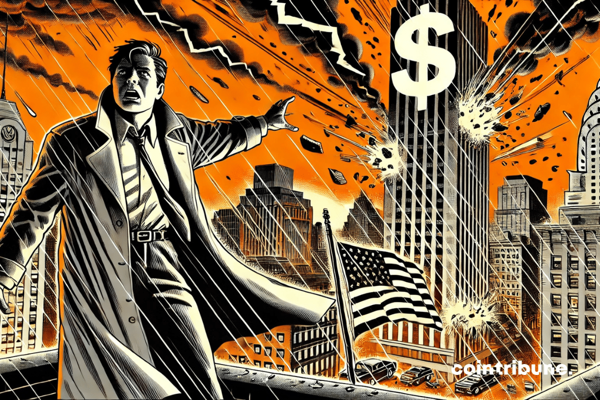 Peter Schiff como arauto do apocalipse financeiro, apontando para a queda de um arranha-céu bancário sob um céu em fúria, símbolo do colapso dos bancos.