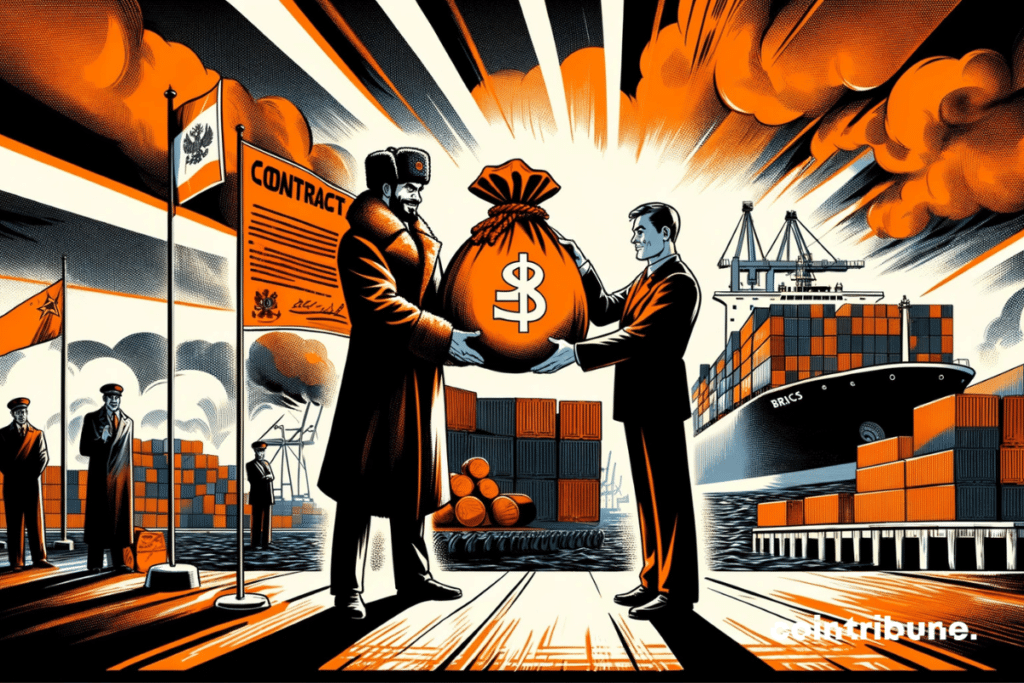A Rússia, membro do BRICS, em seu papel de negociador estratégico, dominando com confiança seu porto industrial. A troca de rublos é destacada com poder e simbolismo.