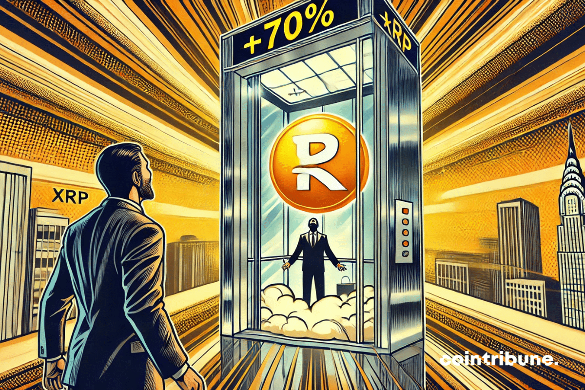 A ascensão espetacular do XRP em um elevador de vidro, com +70% claramente visível no painel, e um trader cripto atônito observando do lado de fora.