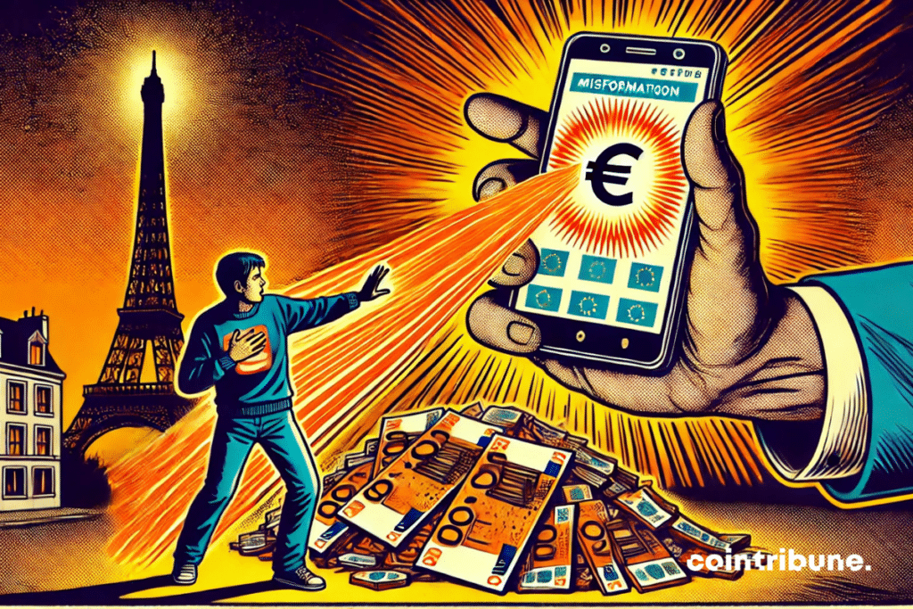 El smartphone gigante proyecta un rayo amenazante sobre los euros, mientras un ciudadano francés se interpone.