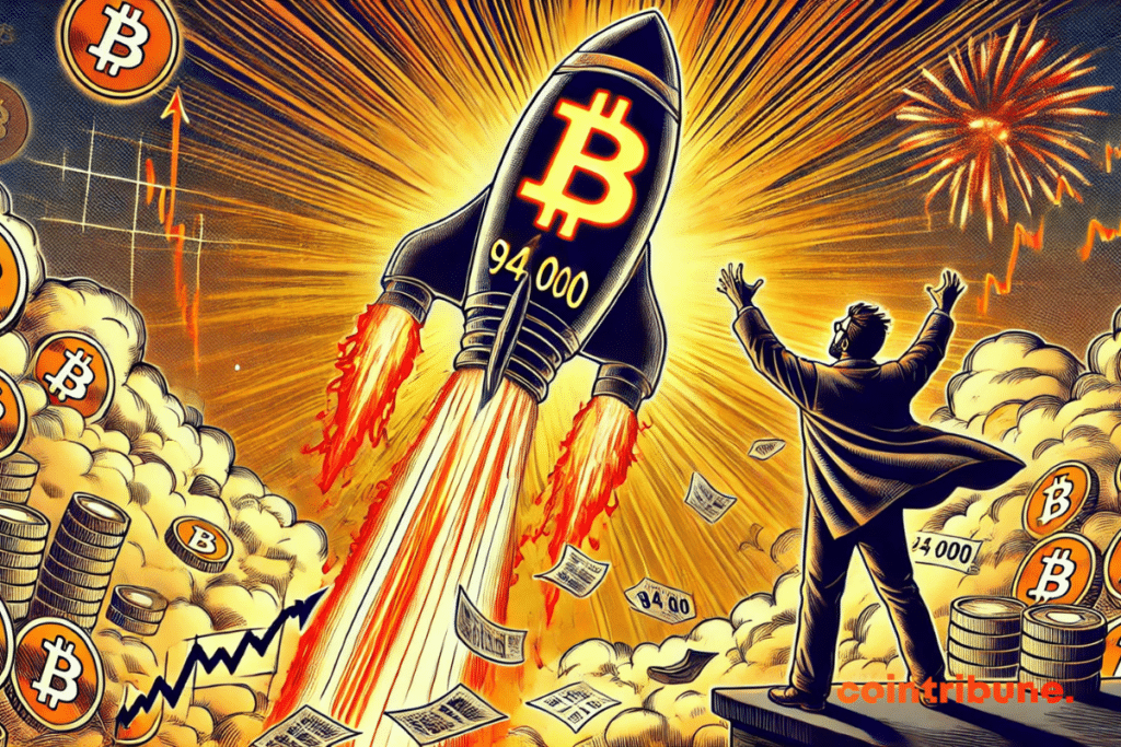 Bitcoin decolando rumo aos 94.000 dólares, com um trader eufórico assistindo à cena como um espetáculo histórico.
