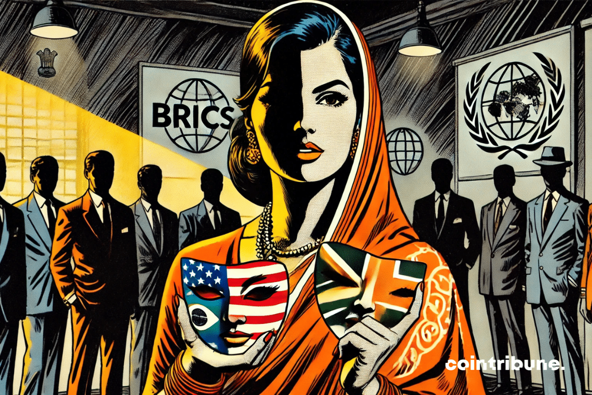 Uma mulher simbolizando a Índia, membro da aliança dos BRICS, vestida com um sari adornado com padrões tradicionais estilizados em laranja e branco. Ela representa calma, inteligência e ambiguidade.