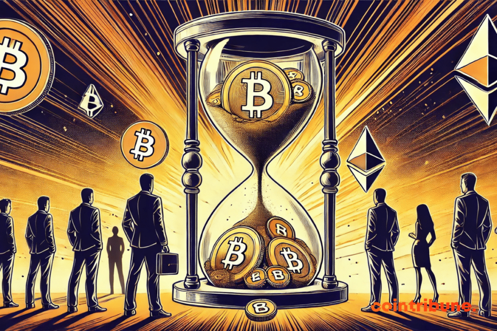 A enorme ampulheta cheia de moedas de Bitcoin e Ethereum, os traders preocupados e os elementos visuais de contagem regressiva traduzem perfeitamente a tensão em torno do vencimento das opções cripto.