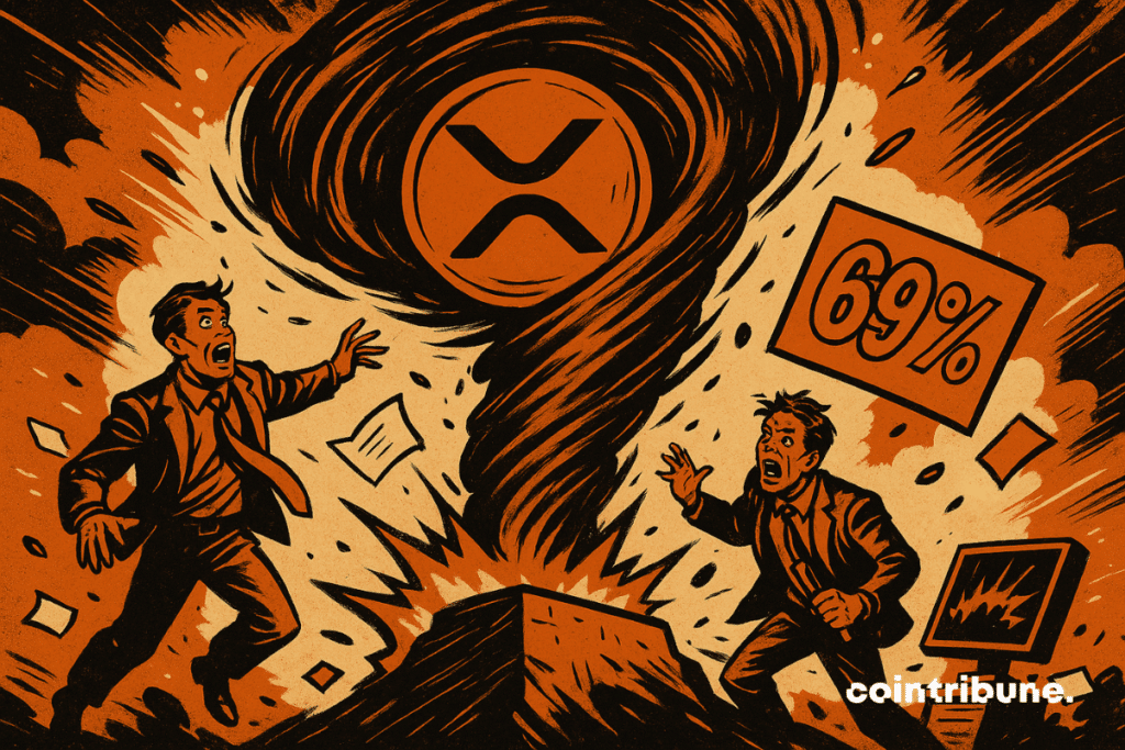 Um tornado estilizado com um enorme logotipo da criptomoeda XRP no centro.