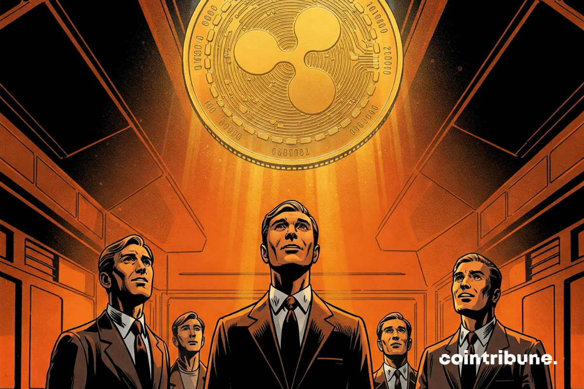 Investidores institucionais, em pé em um espaço escuro e de aparência futurista, olham maravilhados para uma enorme moeda de XRP, a criptomoeda da Ripple, flutuando brilhantemente acima deles.