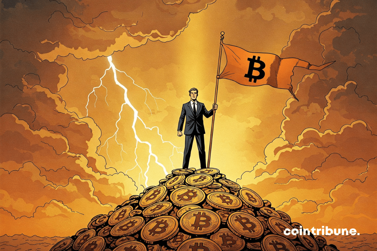 Um empresário carismático, evocando Michael Saylor da Strategy, em pé no topo de uma montanha de moedas douradas de Bitcoin.