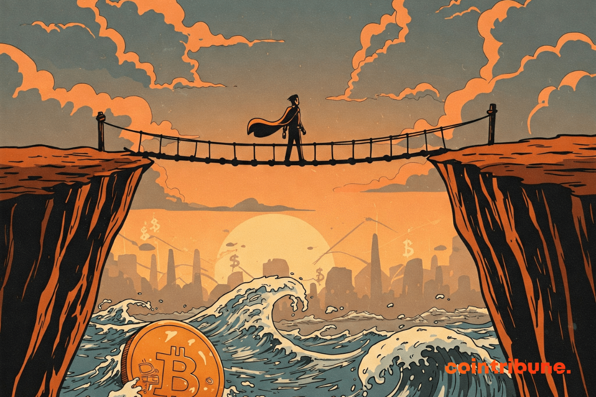 Um trader em pé sobre uma passarela suspensa entre dois penhascos, simbolizando a incerteza. Abaixo, ondas digitais estilizadas evocam o mercado de criptomoedas, com fragmentos visuais sutis do logo do Bitcoin integrados.