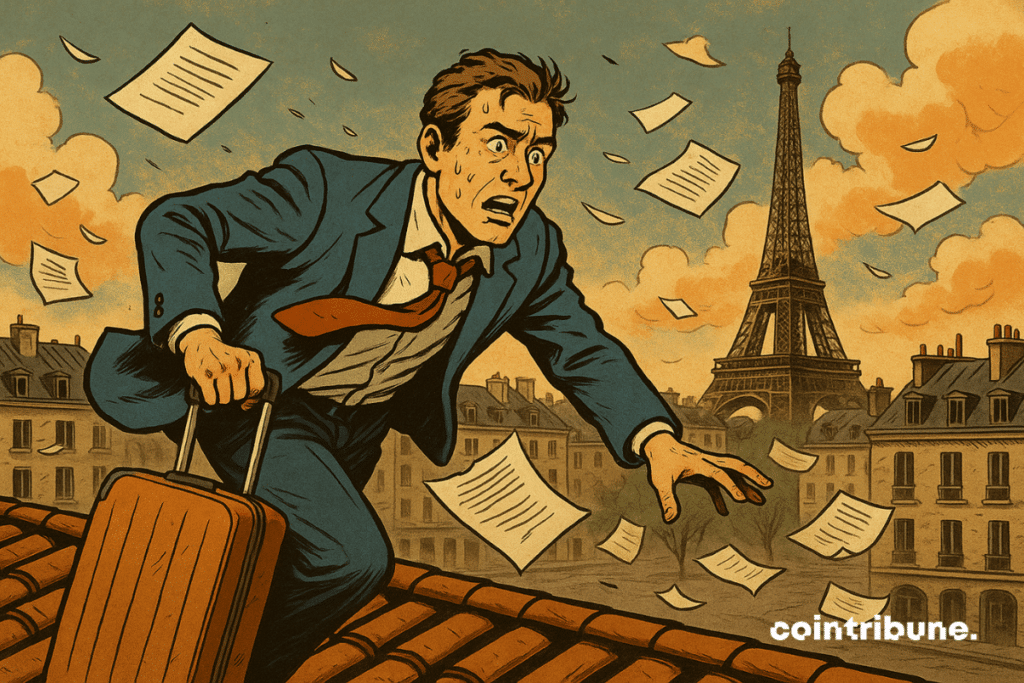 Un investisseur en costume froissé, valise ouverte, visage paniqué avec une pile de baux locatifs s’envole au vent ce qui symbolise la désaffection des citoyens pour l'immobilier locatif en France.