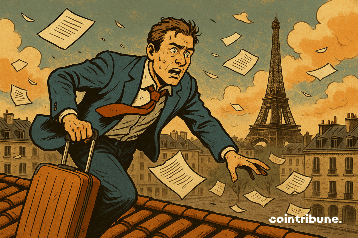 Un investisseur en costume froissé, valise ouverte, visage paniqué avec une pile de baux locatifs s’envole au vent ce qui symbolise la désaffection des citoyens pour l'immobilier locatif en France.