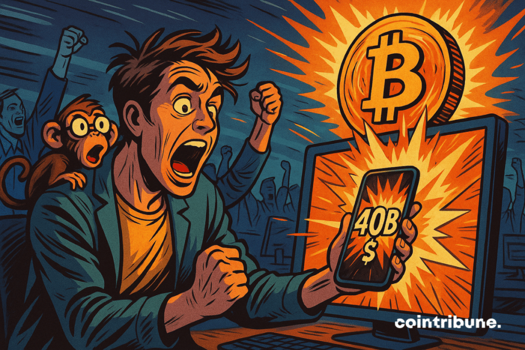 Um jovem investidor de criptomoedas, com jaqueta casual, cabelo bagunçado e inclinado em direção a uma tela brilhante exibindo “40B $” em números gigantes — simbolizando a explosão da oferta de Bitcoin.