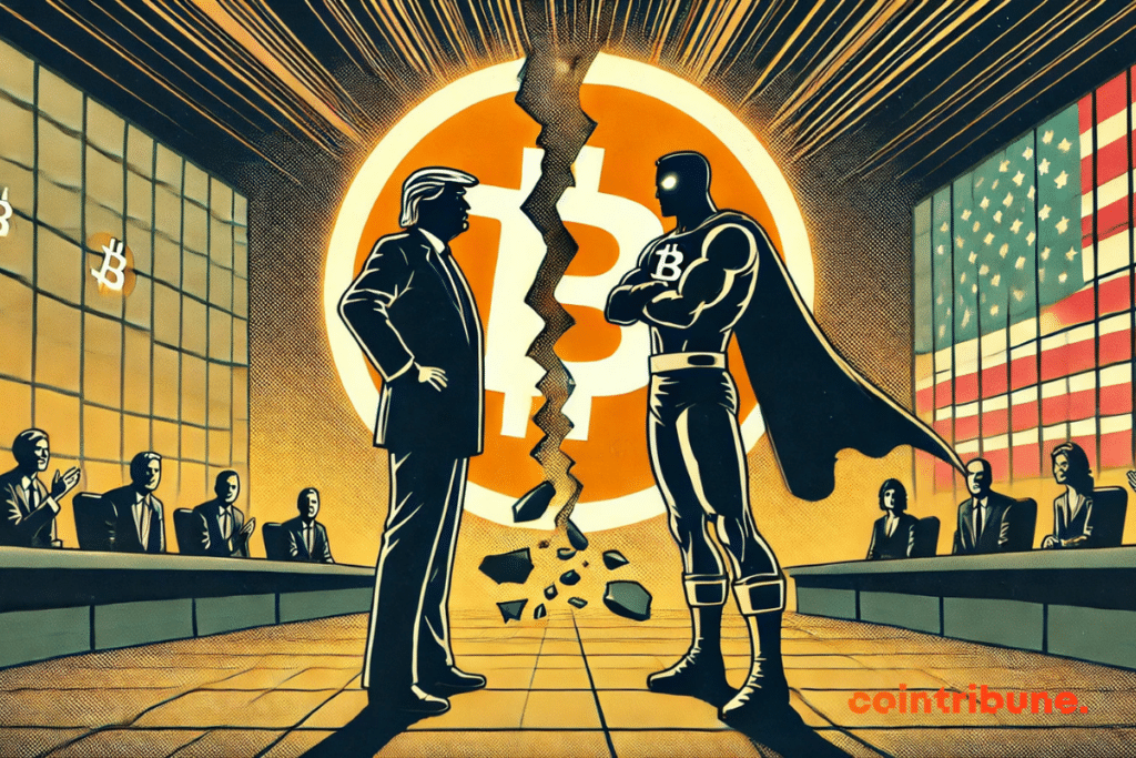 Illustration de la rencontre de Trump avec Bukele, et un logo brisé de bitcoin