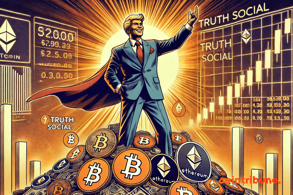Scène illustrant Donald Trump sur une pile de cryptos