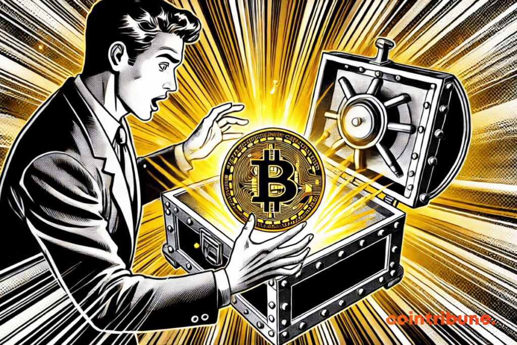 A figure opens a safe, discovering a golden Bitcoin glowing with a brilliant light. His face expresses revelation and intense surprise. The black-and-white background contrasts sharply with the orange glow of the Bitcoin, symbolizing a precious and revolutionary discovery. The 70s cartoon style, with its strong strokes and powerful contrasts, reinforces the visual impact of the scene.