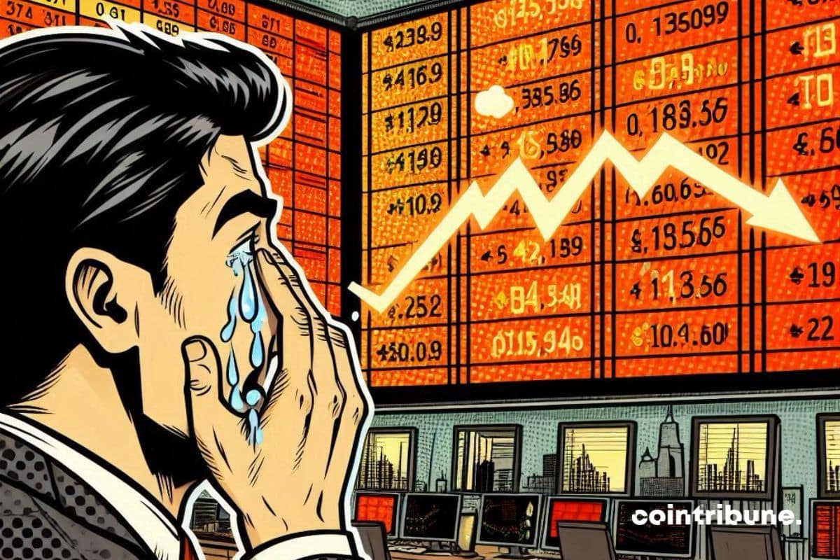 Índices de ações em Wall Street caem e um investidor em lágrimas.