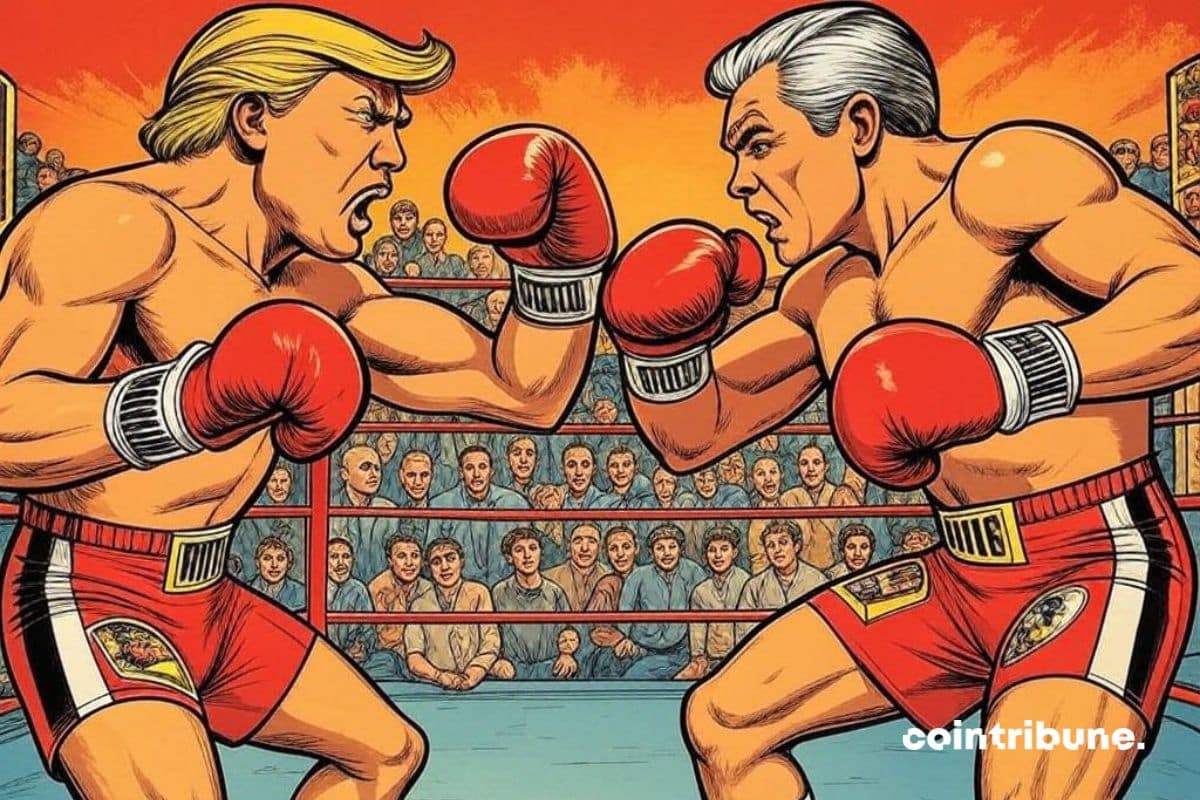 Donald Trump e Jerome Powell lutando em um ringue de boxe.