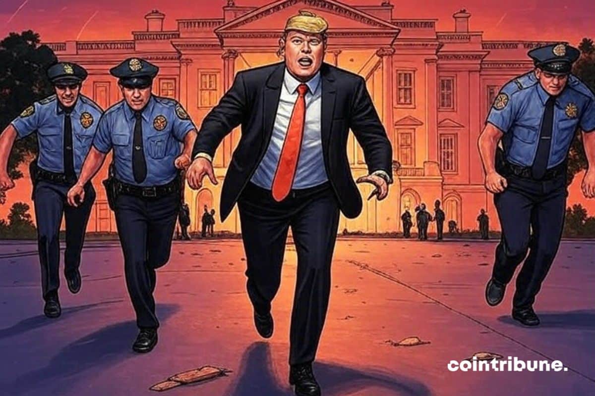 Donald Trump sendo perseguido pela polícia após seu impeachment.