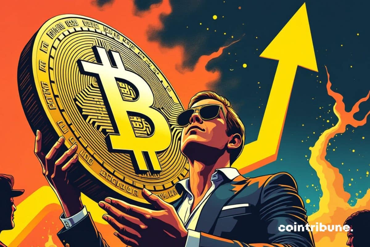 Um investidor de BTC com uma grande moeda de bitcoin e uma seta para cima!