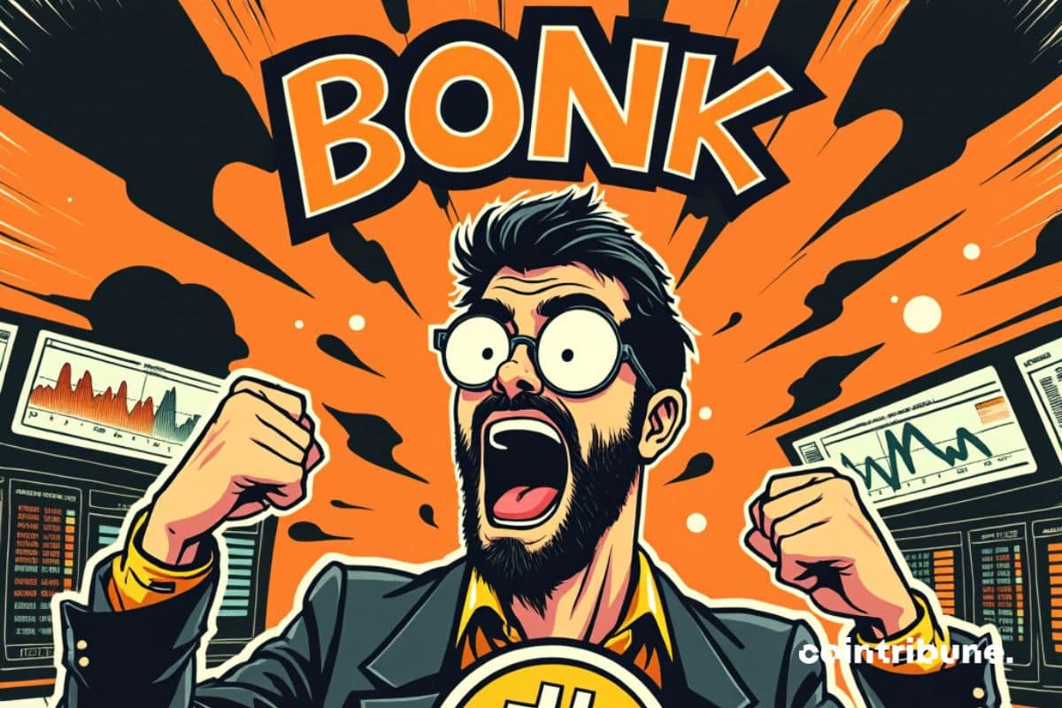 Un inversor de memecoin en un exchange observa cómo BONK explota.