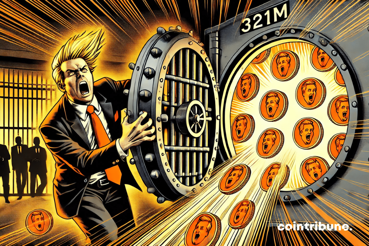 Illustration d'un personnage qui ouvre un coffre-fort géant et une explosion de crypto orange.