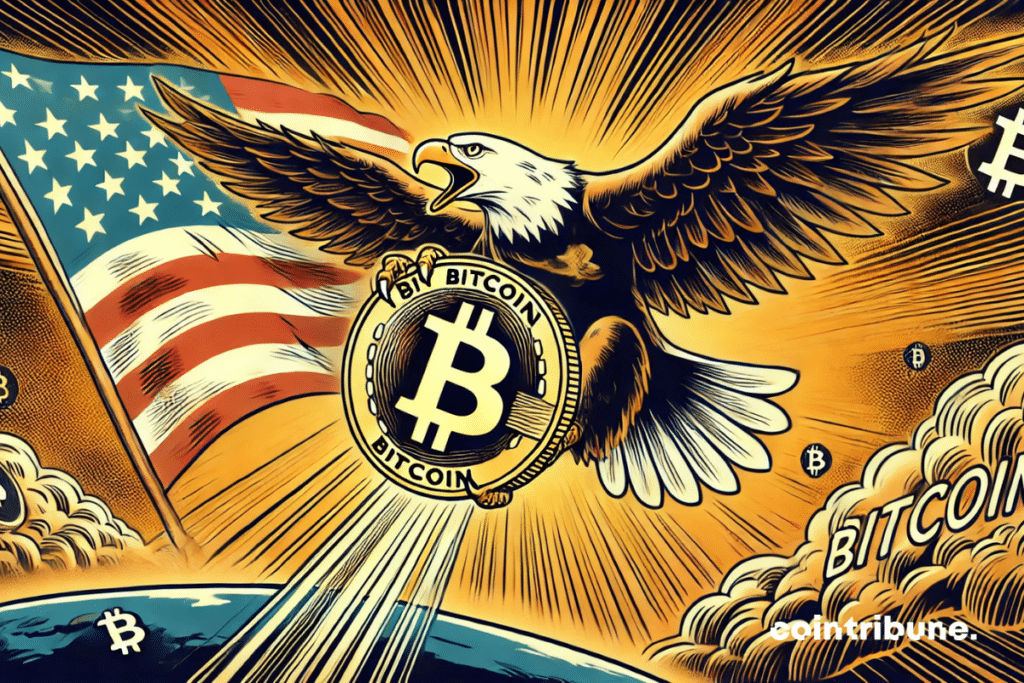 Águia representando os EUA levantando uma moeda de bitcoin