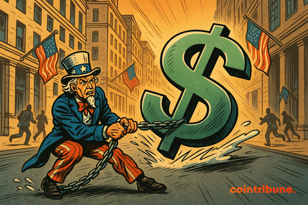 L’Oncle Sam tire un immense symbole du dollar à l’aide d’une chaîne dans une rue américaine, illustrant la pression économique.