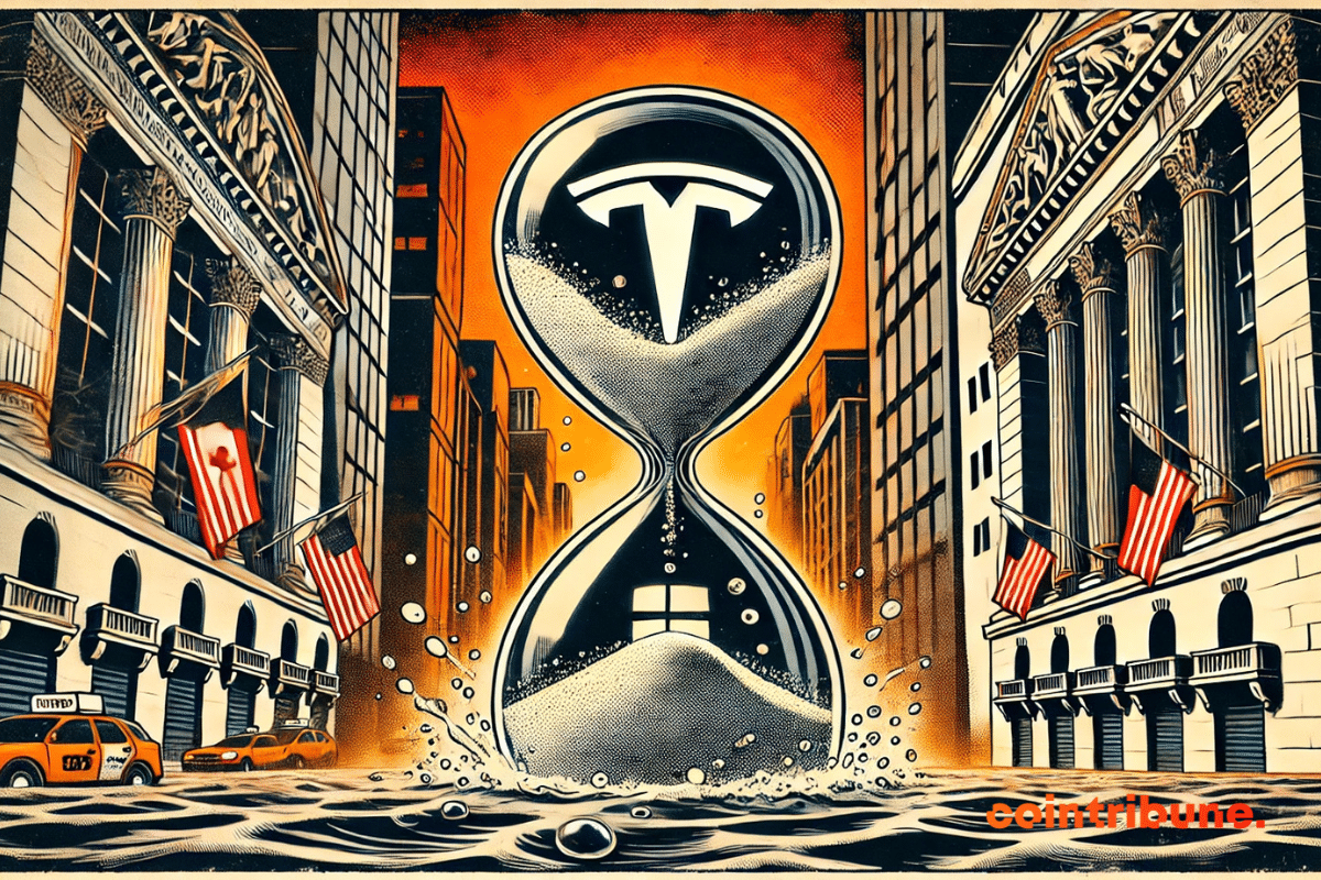 Ampulheta gigante em uma estrada inundada em Wall Street com os logotipos da Tesla e da Alphabet