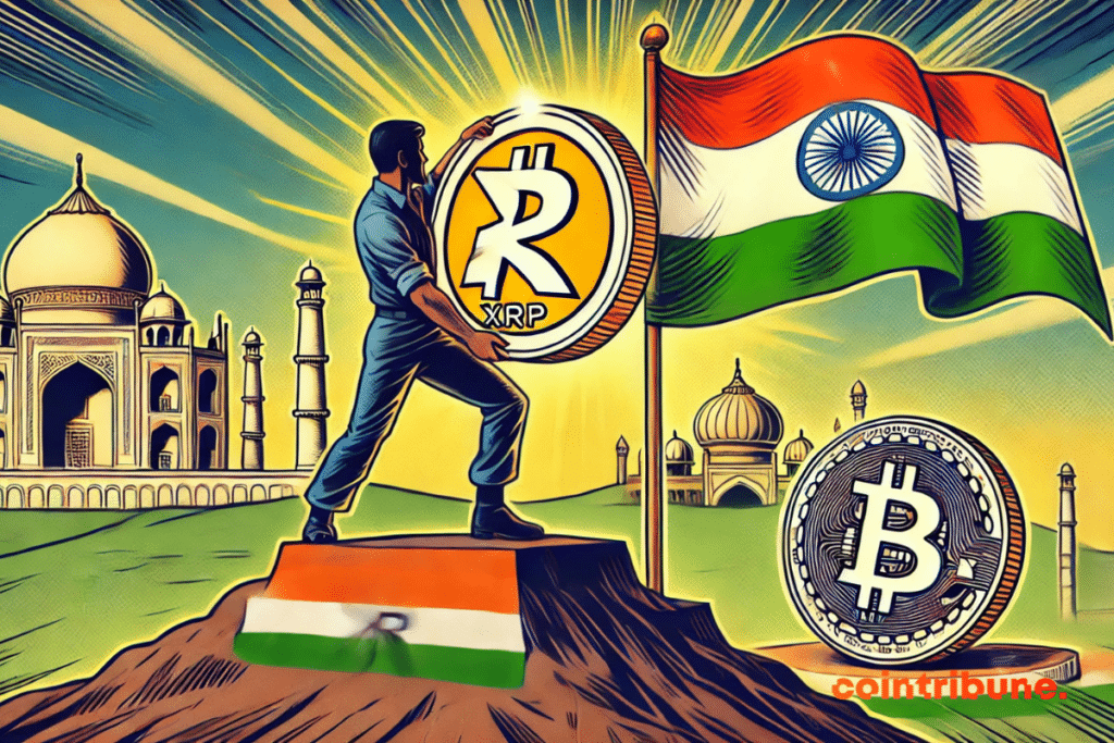 Persona que lleva una moneda XR en el podio con una bandera india al lado