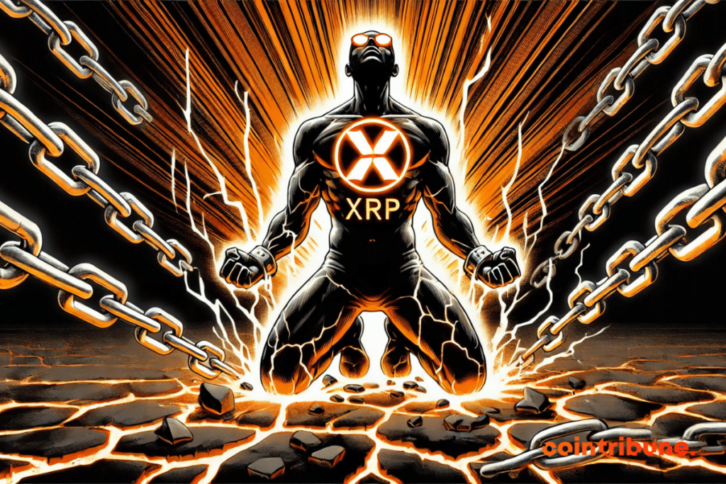 Uma ilustração de um humanoide poderoso com o logotipo da criptografia XRP gravado em seu torso está ajoelhado no chão.