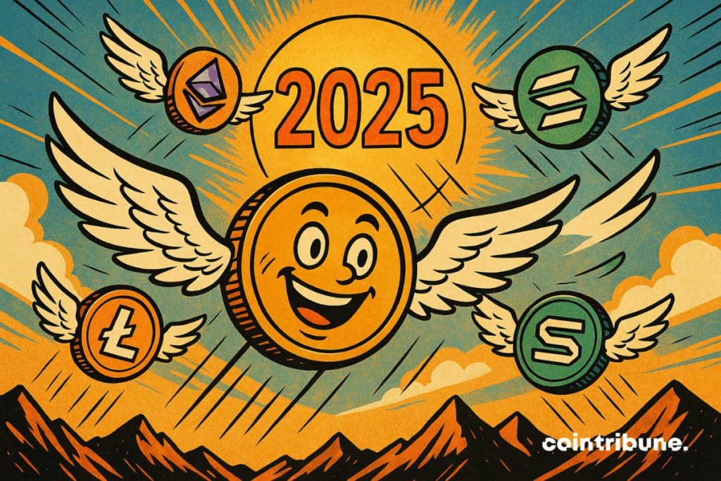 Varias criptomonedas estilizadas con caras felices, alas desplegadas, Bitcoin, altcoins, etc. alzando el vuelo.