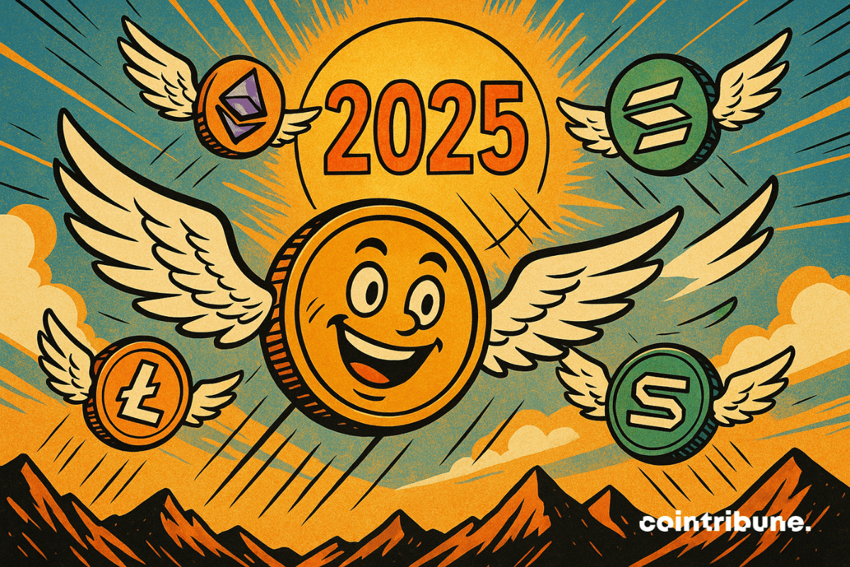Várias moedas criptográficas estilizadas com rostos felizes, asas abertas, Bitcoin, altcoins etc. alçando voo.