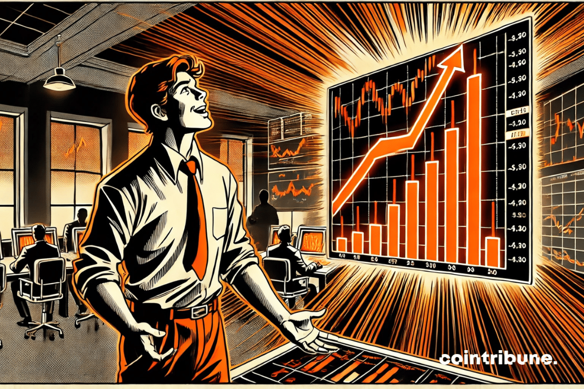 O interior escuro de uma mesa de negociação retrô, iluminada por uma única tela que emite uma forte luz laranja. Um jovem operador se concentra na análise de altcoins