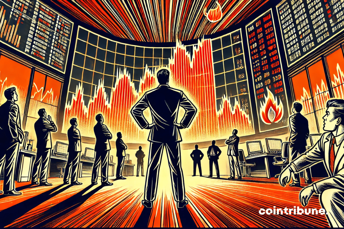 Écran de salle de marché géant, vue en contre-plongée. Analyste bras croisés devant l’écran. Silhouettes de traders des altcoins figés, stupéfaits.