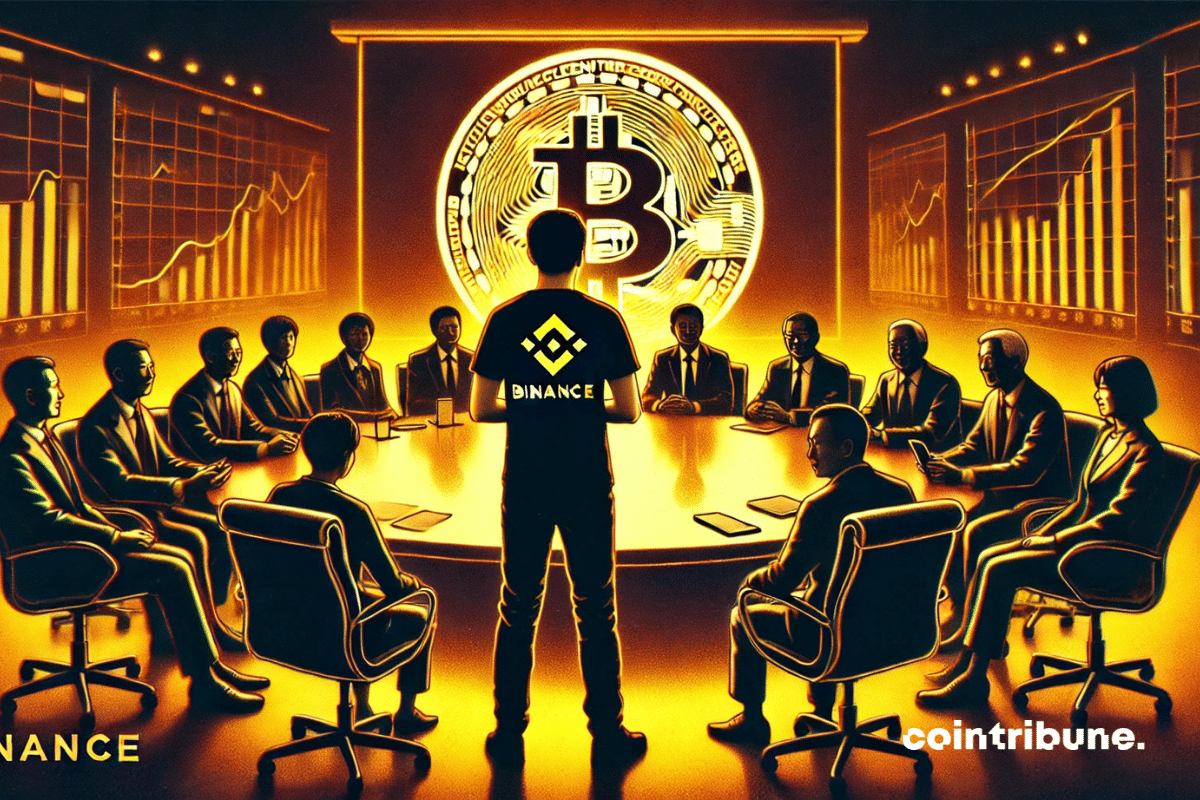 Uma sala de treinamento moderna com telas digitais ao redor. Gráficos sobre o gerenciamento de reservas de Bitcoin. Foto em close do personagem principal (um funcionário do governo) recebendo conselhos de um especialista da Binance.