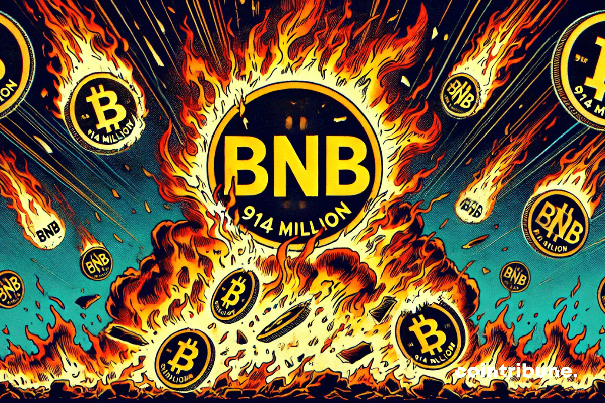 Visão ampla de uma cena noturna em que moedas criptográficas do BNB flutuam ao redor do logotipo da Binance em chamas. O BNB está derretendo, com moedas em chamas caindo como cinzas.