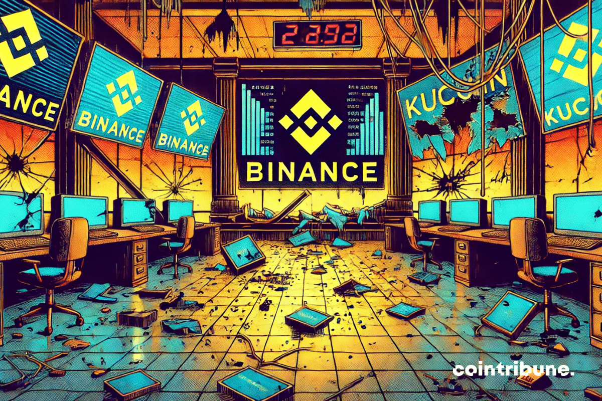 Una sala de comercio desierta, con pantallas apagadas y oficinas vacías, pero en ruinas. No hay caracteres. La imagen se centra en las pantallas bloqueadas y los símbolos devastados de Binance y KuCoin.