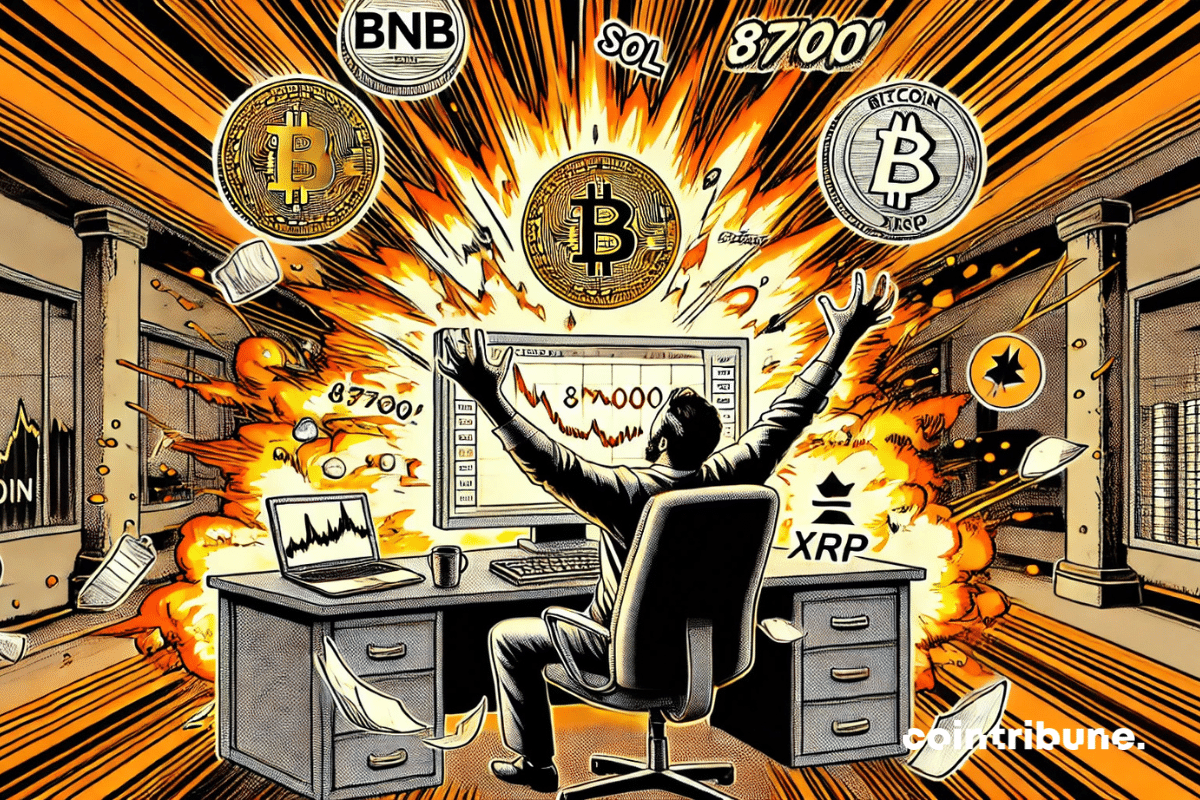 Uma visão aérea de uma tela de computador literalmente explodindo com chamas laranja. Um operador de Bitcoin com os braços no ar, boca aberta, chocado, mas eufórico.