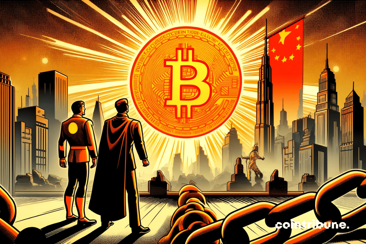 Bitcoin como o sol em um cenário futurista, representando sua crescente influência no comércio internacional e na economia