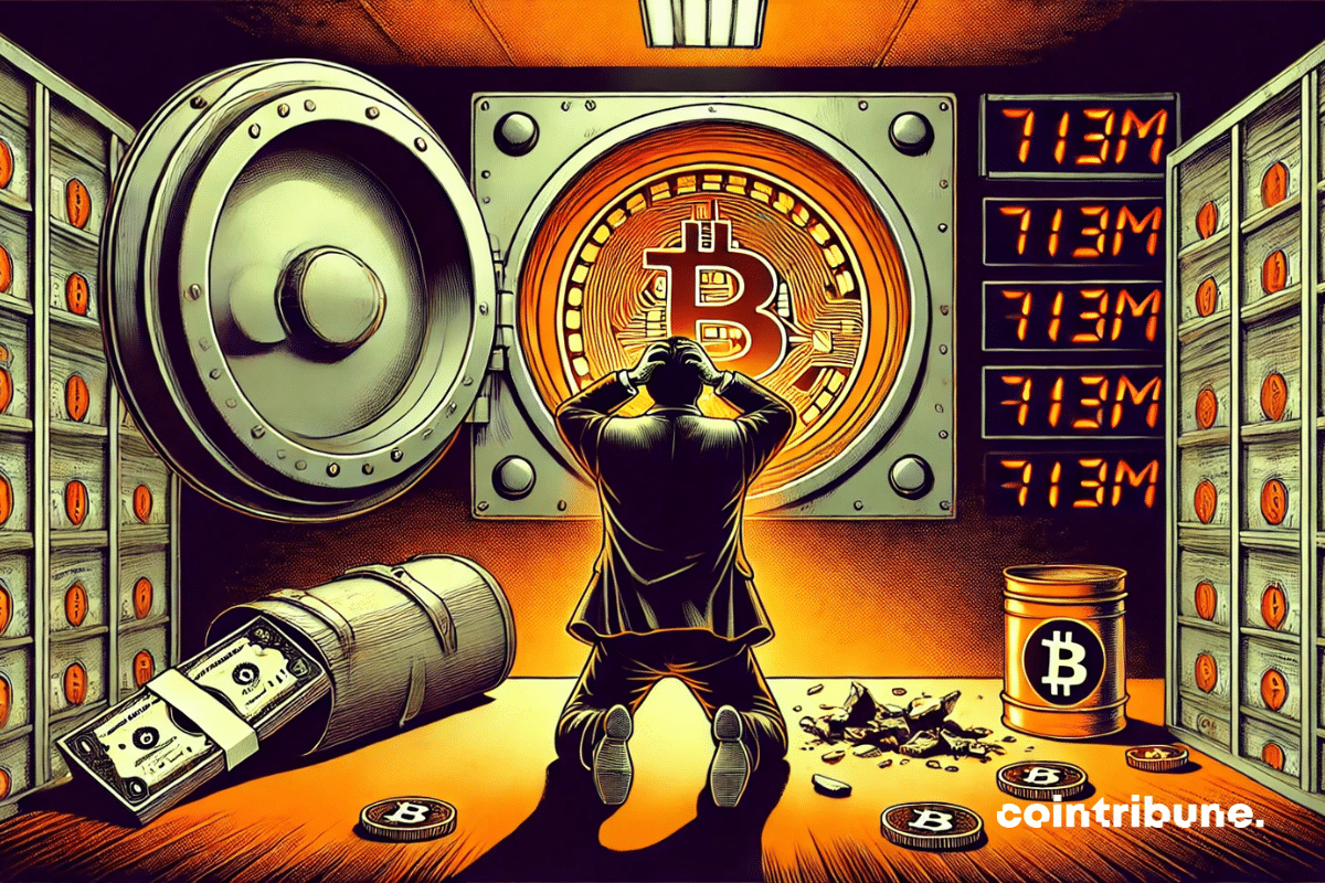 Um gerente de ETF se ajoelha em frente ao cofre, com as mãos nas laterais da cabeça. O cofre vazio, uma nota de banco laranja no fundo e uma moeda de Bitcoin rachada.