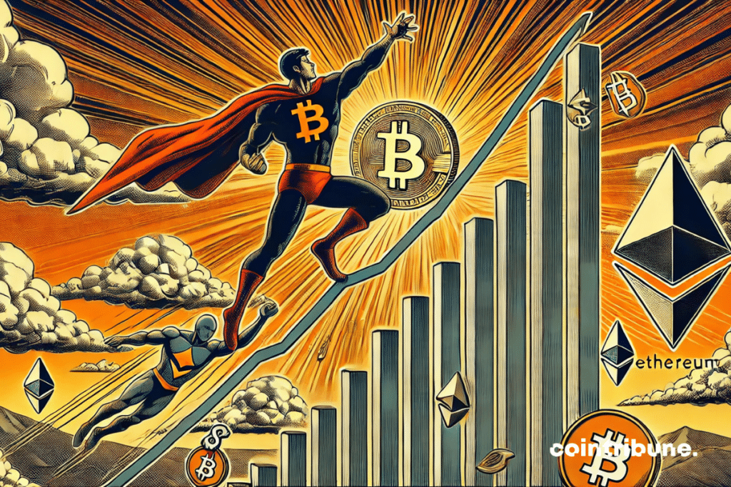 Grimpe à main nue un graphique stylisé, trait d’énergie dans sa pose. Ethereum : chute dans le vide en contrebas, bras tendus du Bitcoin