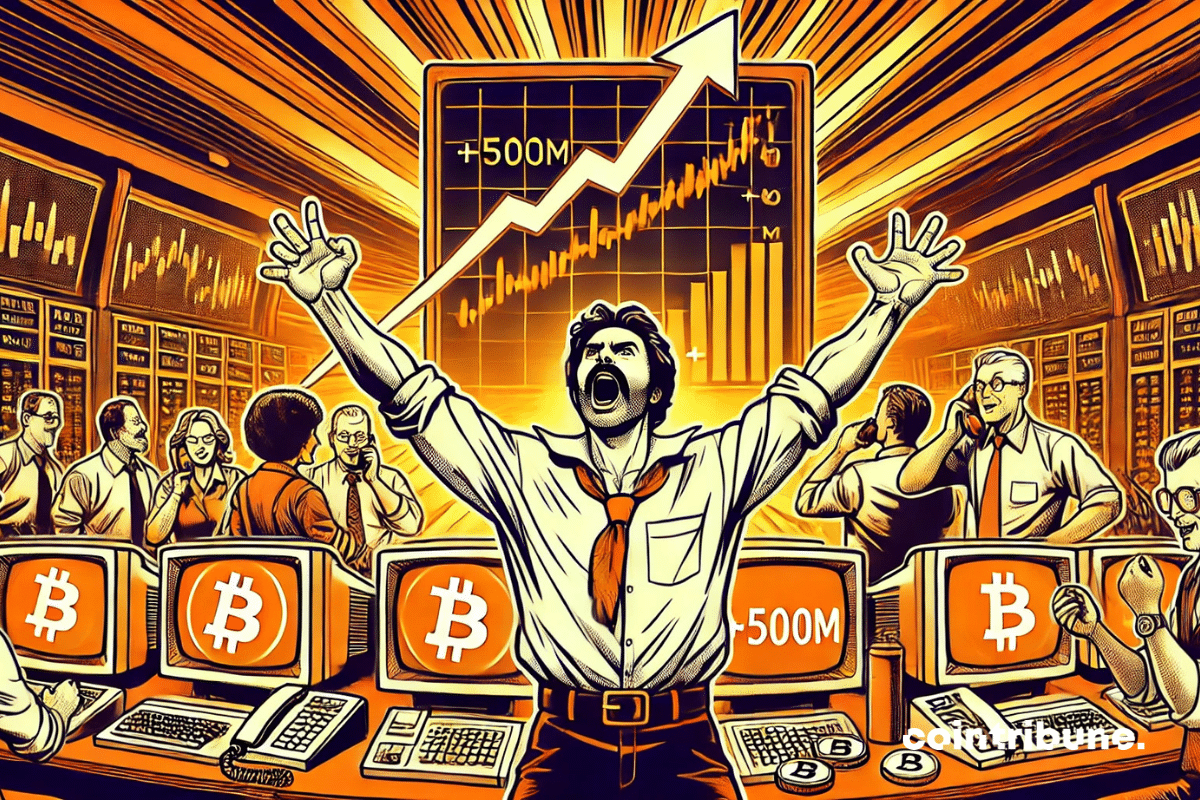 Um investidor levanta os braços em comemoração, enquanto os outros na sala de negociação olham para suas telas mostrando o aumento do Bitcoin.