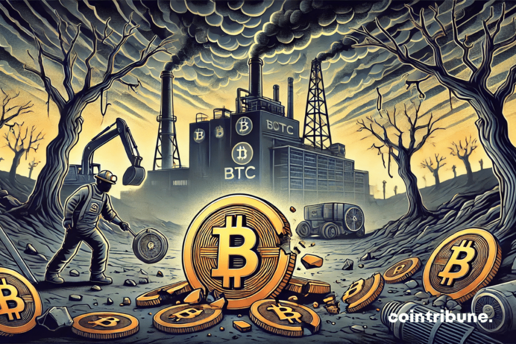 Uma paisagem ao ar livre mostrando uma fábrica de mineração de Bitcoin ao fundo, com árvores mortas ou características devastadas ao fundo. Um minerador de macacão, de cabeça baixa, observando uma máquina de mineração que quebrou ou parou de funcionar.