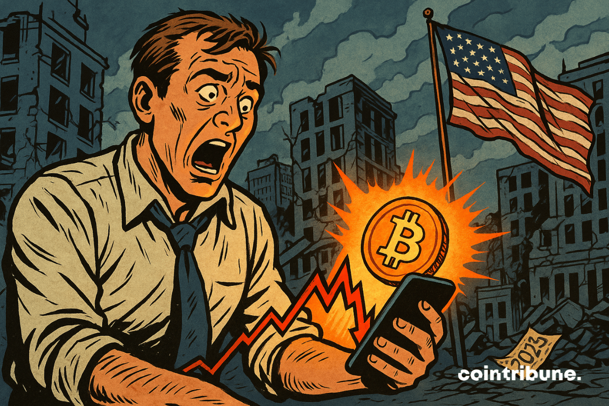 Comerciante com camisa amarrotada e gravata frouxa. Costas arqueadas, boca aberta de espanto, olhando para a tela do telefone. Um gráfico vermelho descendente... seguido por um logotipo brilhante do Bitcoin em uma seta ascendente.