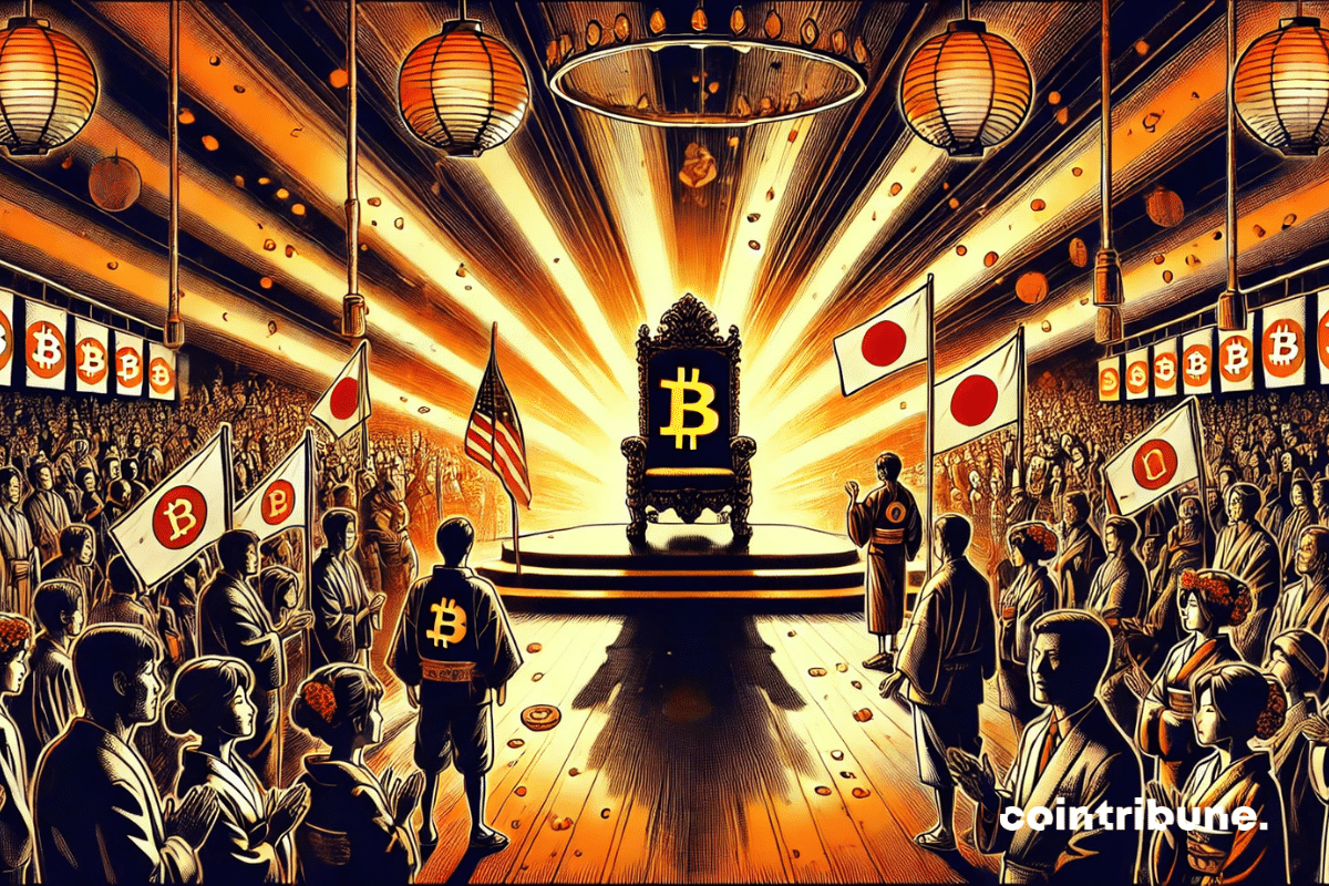Multidão em volta de um trono vazio com uma placa onde se lê “50” e “Bitcoin”. Foto ampla de uma multidão em júbilo.