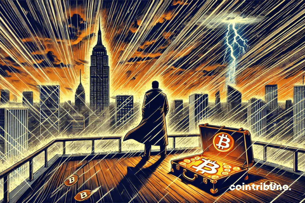 Saylor de Strategy, en una plataforma alta, mirando hacia abajo a una ciudad azotada por una tormenta negra. Frente a él: un maletín medio abierto lleno de monedas de bitcoin.
