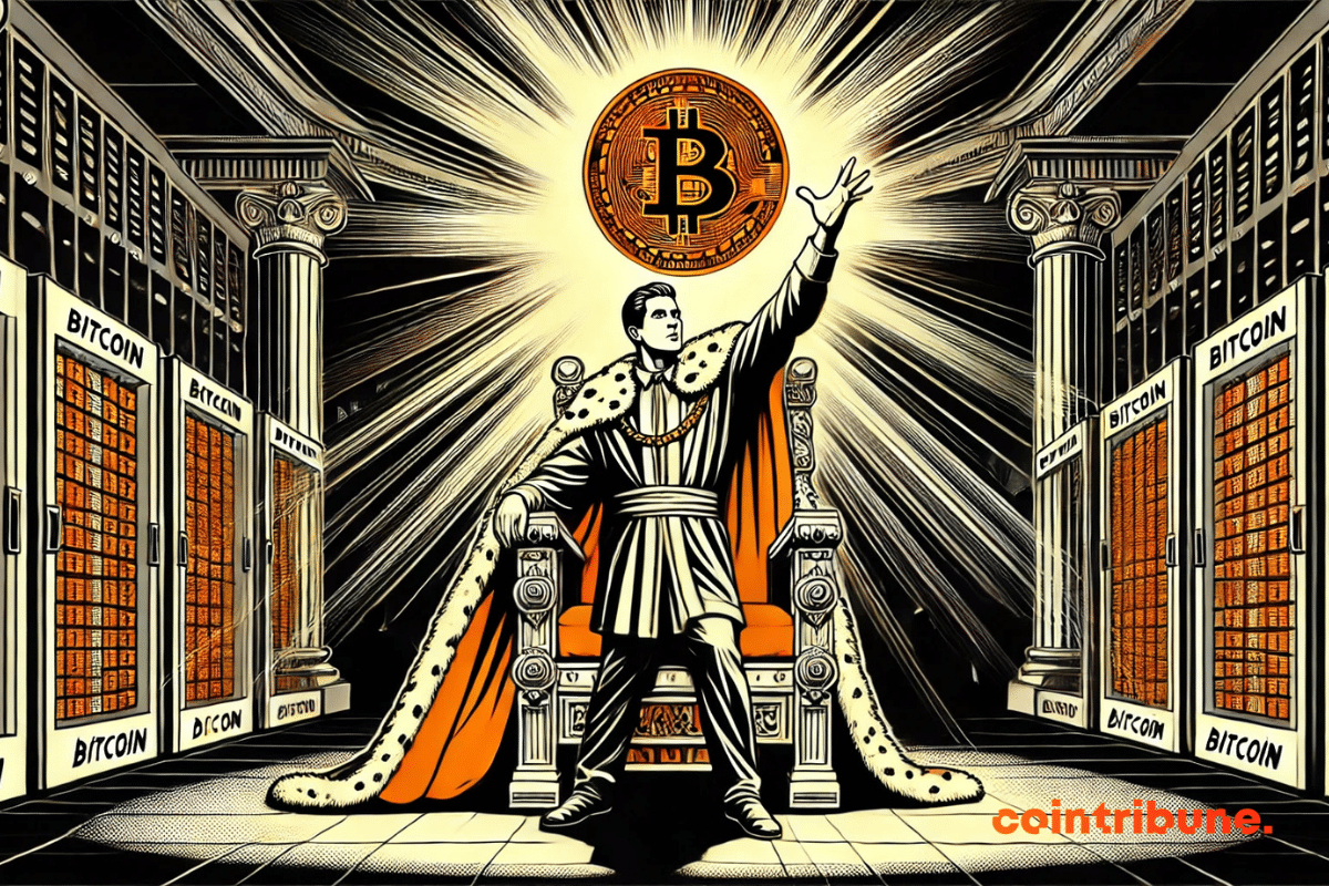 Príncipe Filip da Sérvia, vestindo um casaco com motivos reais modernos. Ele se senta em um trono moderno decorado com circuitos eletrônicos. Ele se levanta pela metade, com o braço estendido em direção a uma grande moeda de Bitcoin.