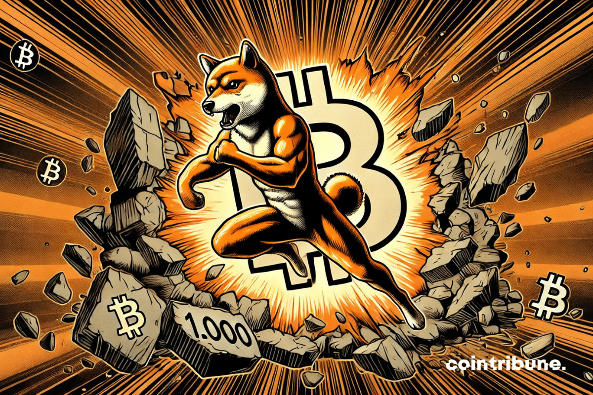 Un musculoso Shiba antropomorfo, en posición de velocista, salta atravesando un muro agrietado con el símbolo de Bitcoin grabado.
