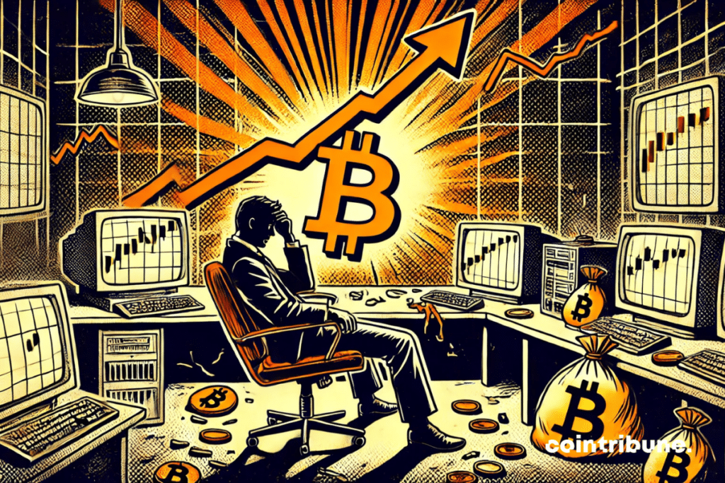Sala de negociação, telas pretas ou mostrando números em queda. Um negociador de bitcoin debruçado sobre sua mesa, parecendo sobrecarregado.